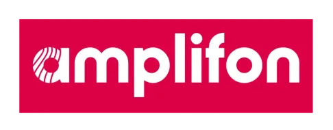Amplifon logo in white on a bright red background