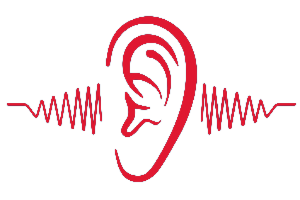 Red ear outline with red sound waves on both sides, symbolizing hearing or audio