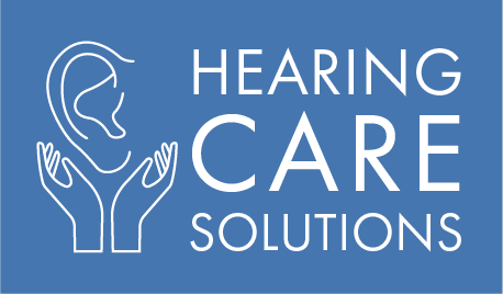 Blue logo with white ear-in-hands icon and the words “HEARING CARE SOLUTIONS”