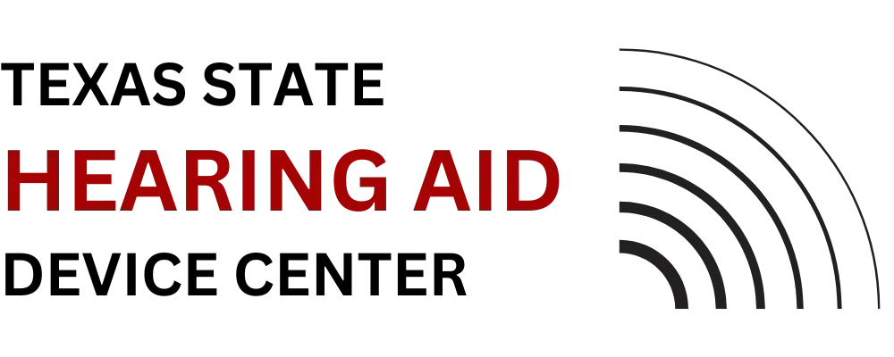 Texas State Hearing Aid Device Center logo with black and red text and sound wave arcs