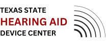 Texas State Hearing Aid Device Center logo with black and red text and sound wave arcs
