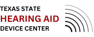 Texas State Hearing Aid Device Center logo with black and red text and sound wave arcs