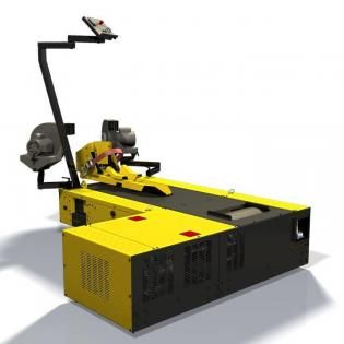Yellow and black industrial robot machine on a white background with extended arm attachment