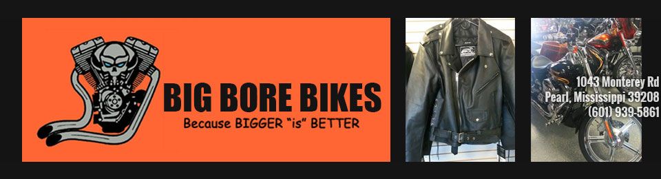 Big Bore Bikes logo on orange, with motorcycle parts and three small product images on black background