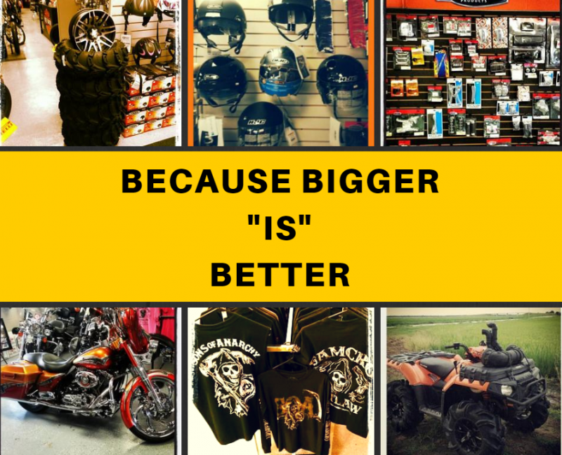 Collage of oversized custom motorcycles and gear with the caption “BECAUSE BIGGER ‘IS’ BETTER”