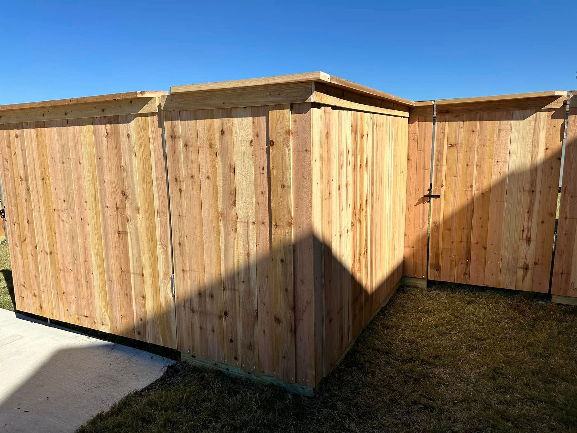 Wooden fence panels enclosing a corner yard under bright sunlight