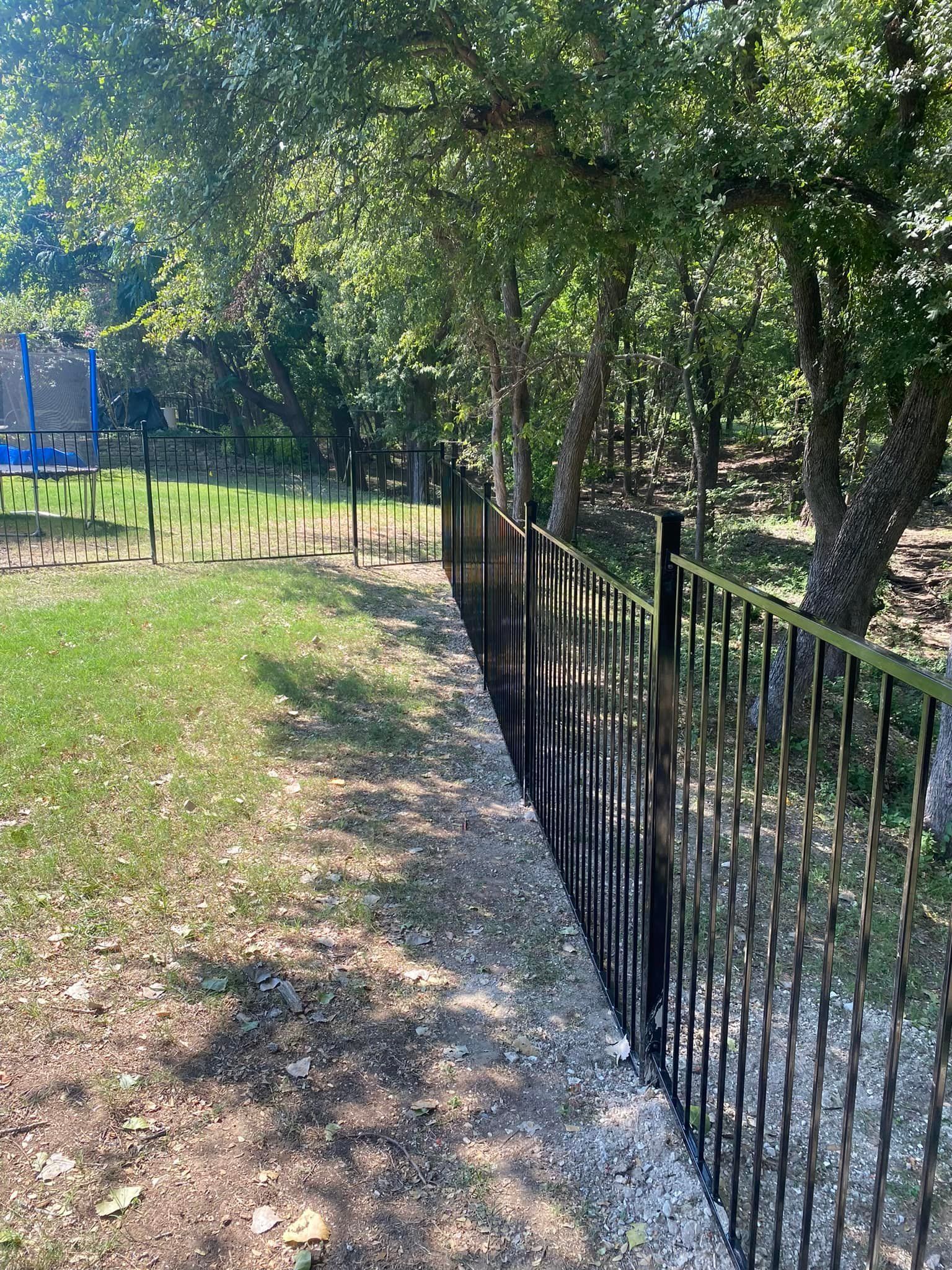 Sunlit wooded path beside a black metal fence and a blue trampoline in the distance