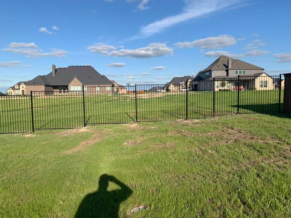 Backyard with black metal fence, green grass, and suburban houses under a blue sky