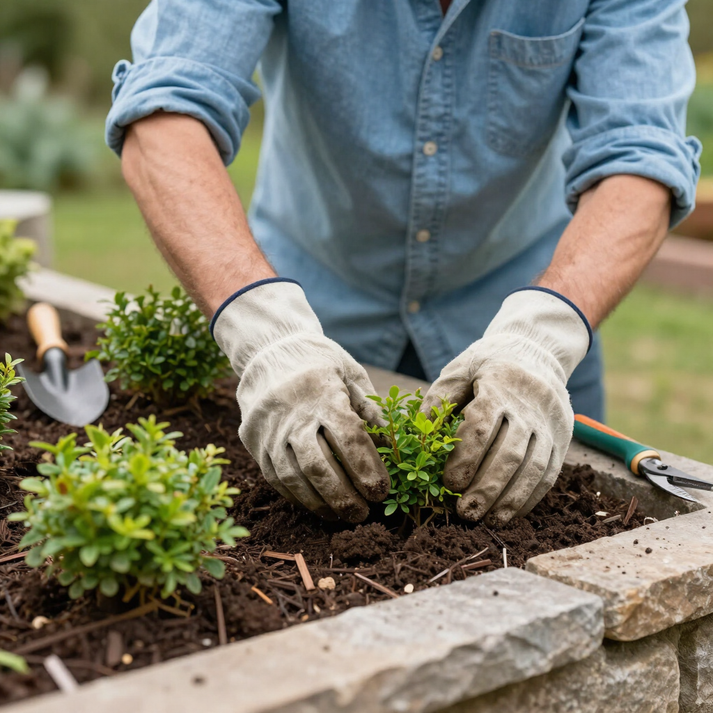 Gardenerβs gloved hands planting a small shrub in a raised stone garden bed