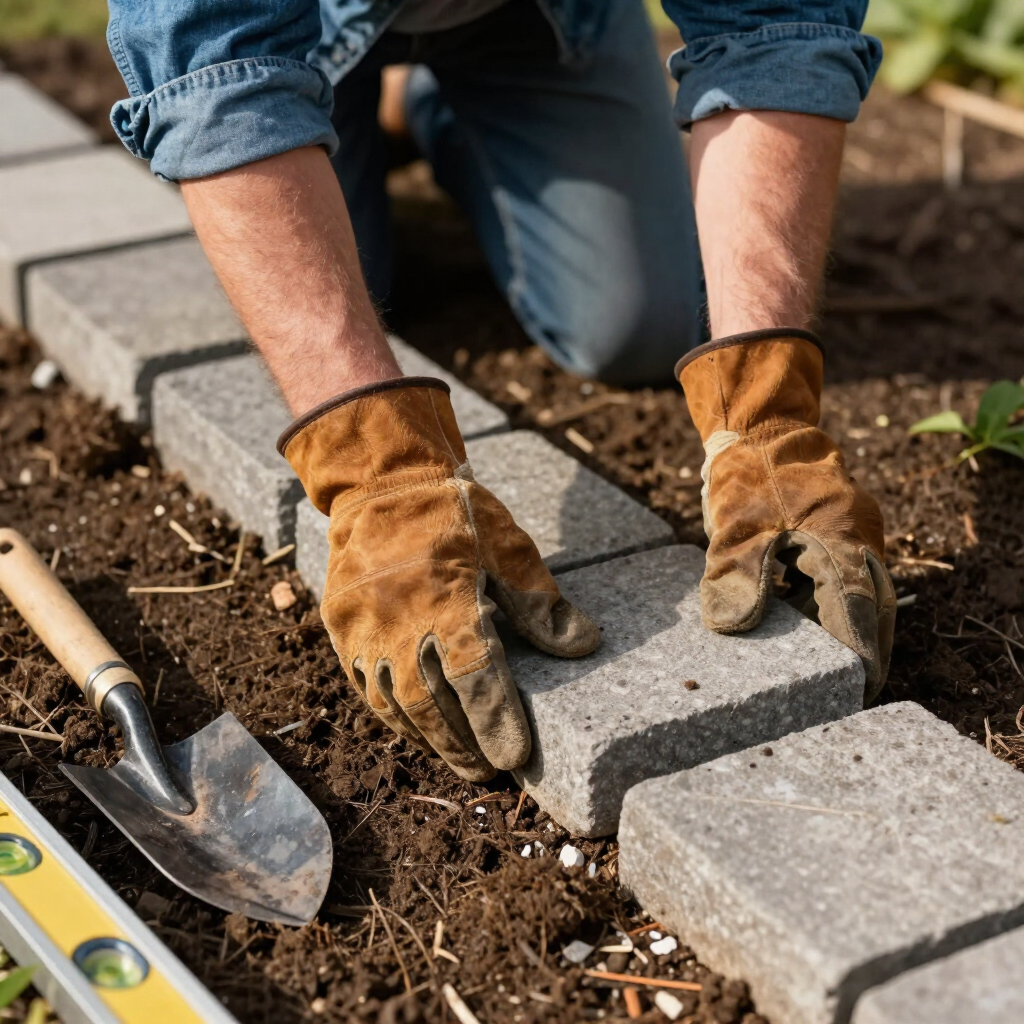 Person installing gray pavers in soil with a trowel nearby, wearing gloves outdoors