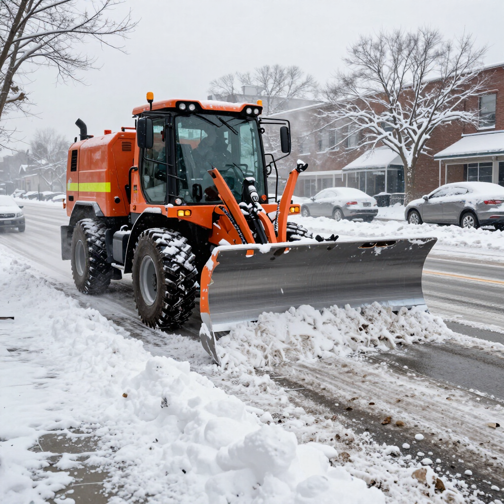 Orange snowplow clearing a snowy residential street during snowfall