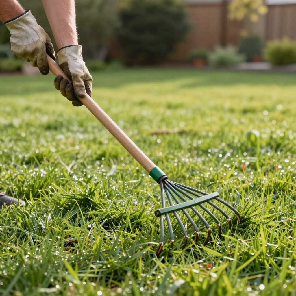 Gloved hands rake wet grass with a metal garden rake in a green yard