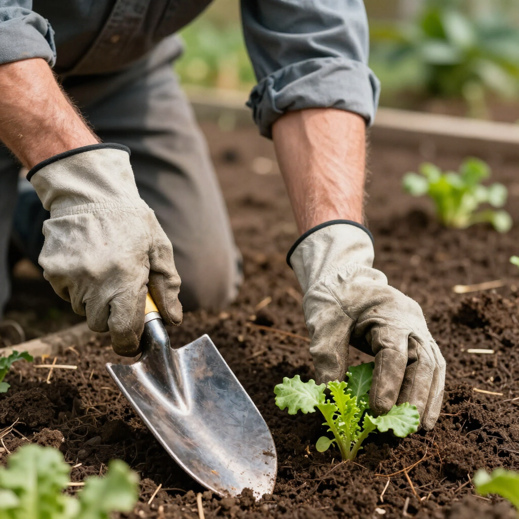 Gloved hands planting a small green seedling in dark garden soil with a trowel