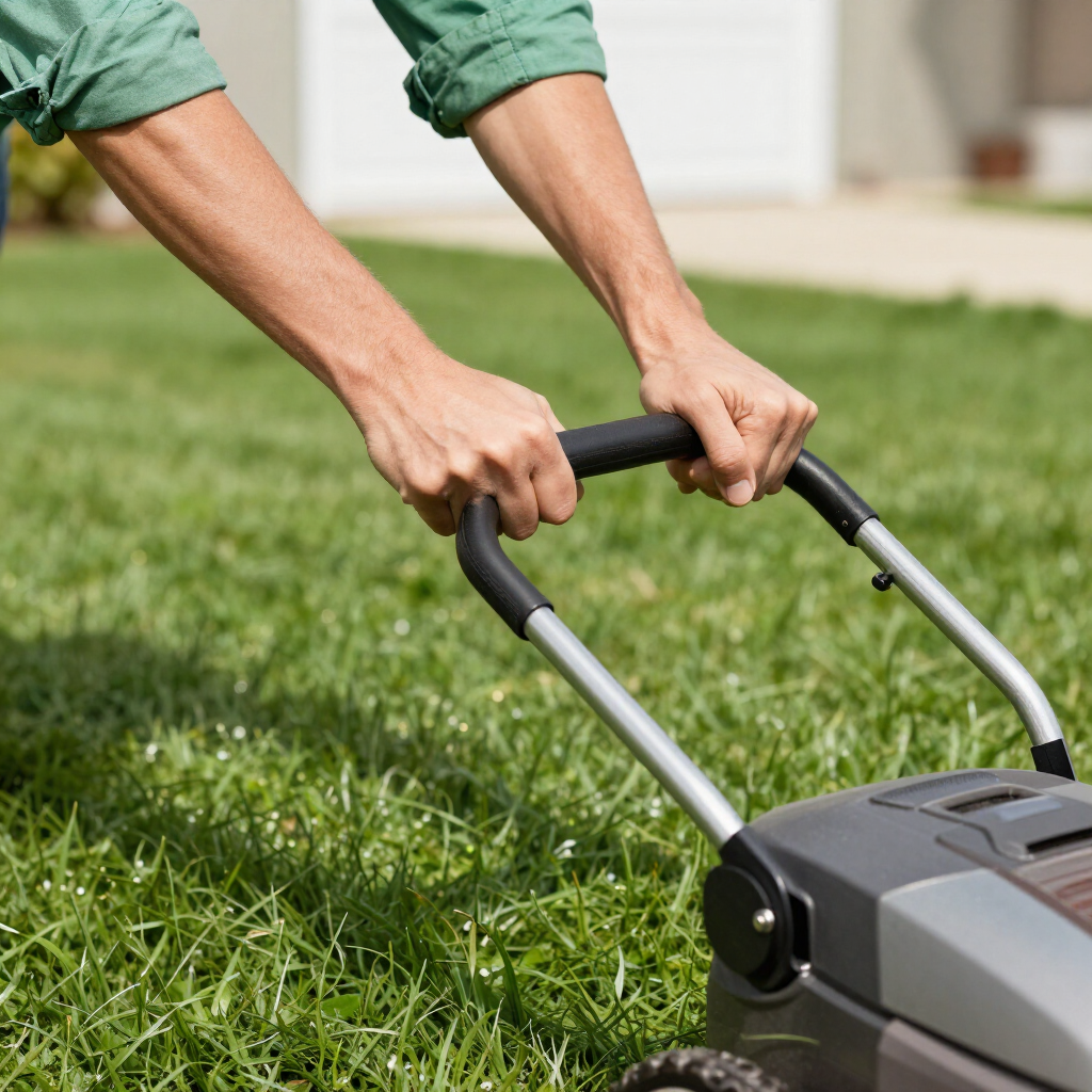 Hands pushing a gray lawn mower through green grass
