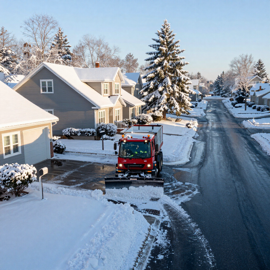 Red snowplow clearing a snowy suburban street with houses and tall evergreens at dawn