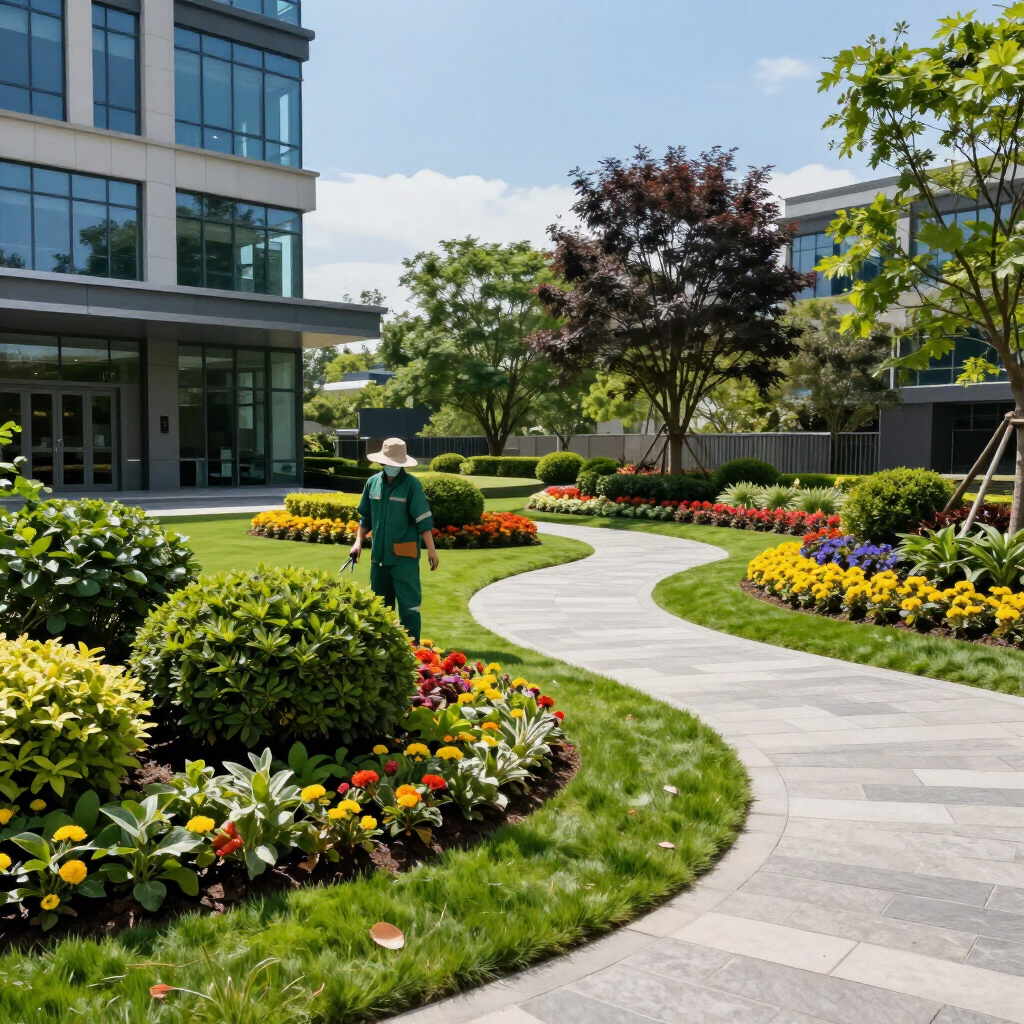Curved garden path beside modern office building, with colorful flower beds and a person watering plants