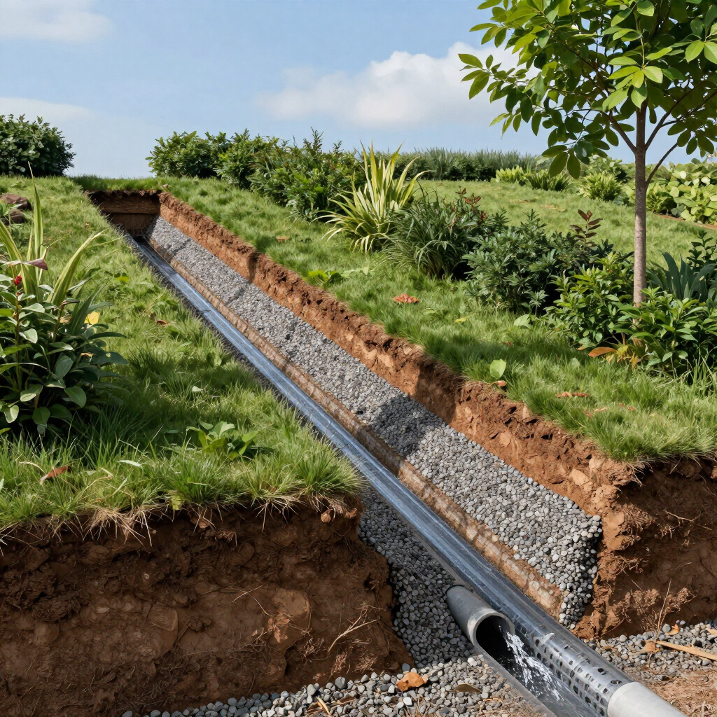 A gravel drainage trench with black pipe runs through a green hillside under a blue sky.