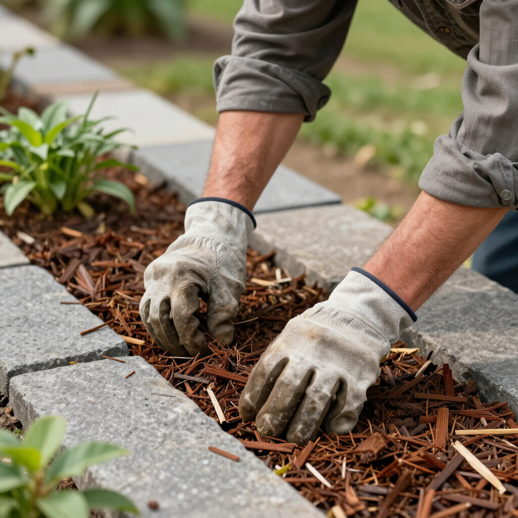 Gloved hands planting mulch along a stone-edged garden bed
