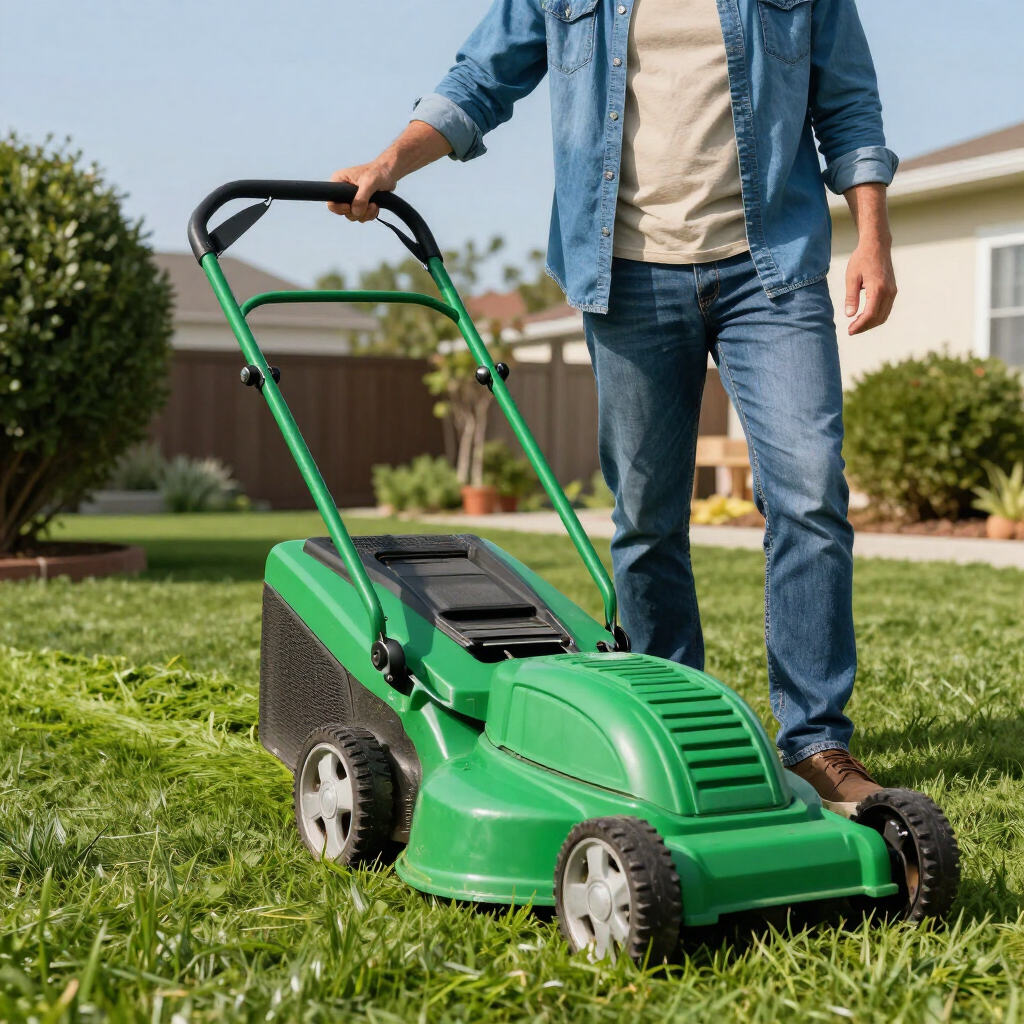 Person mowing a lawn with a green push mower in a suburban yard