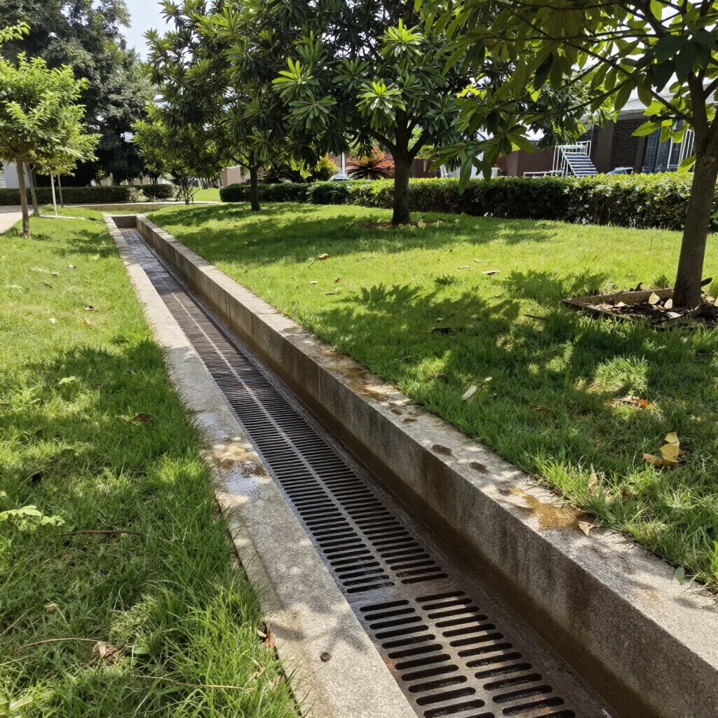 Concrete drainage channel beside a grassy park path with trees and hedges