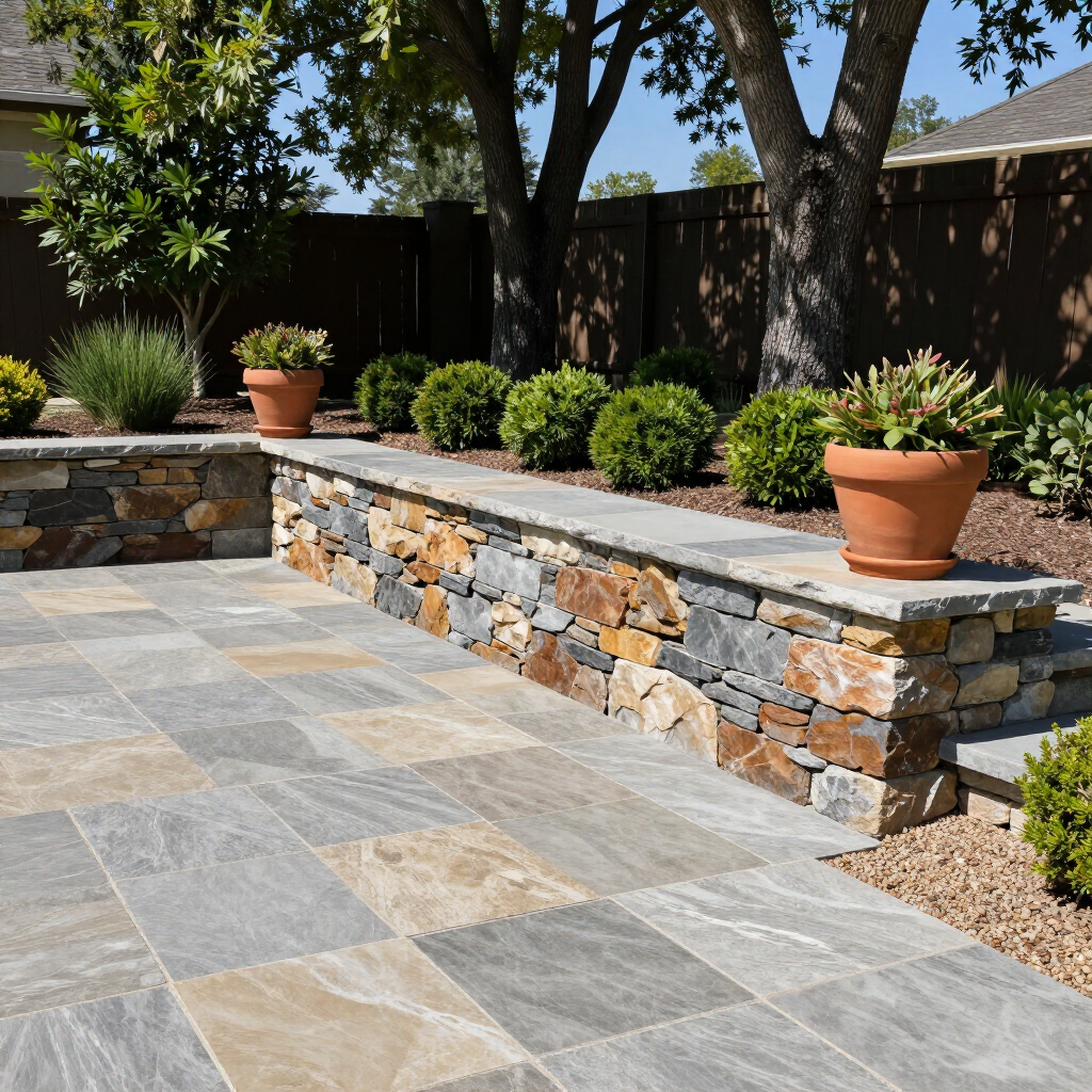 Stone patio with raised retaining wall, potted plants, and shrubs in a sunny backyard garden
