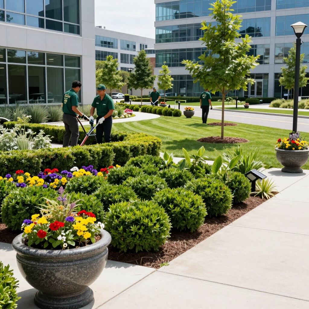 Landscaped office courtyard with flower planters, shrubs, and workers tending the grounds