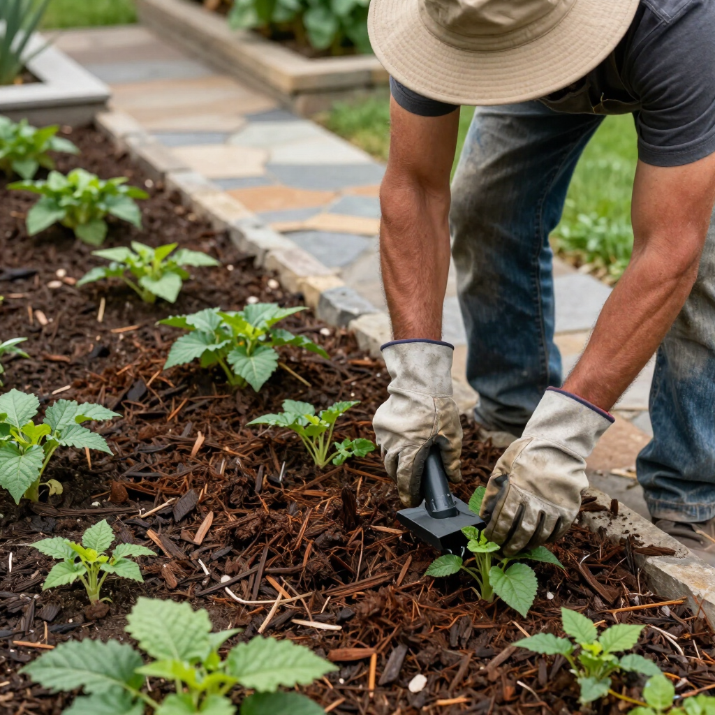 Gardener in gloves planting seedlings in a mulched garden bed along a stone path