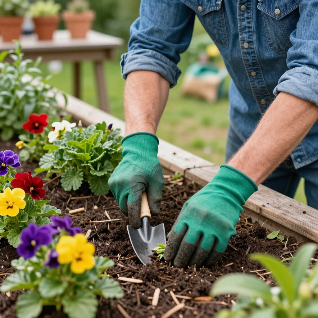 Gloved gardener planting flowers in a raised bed with a hand trowel