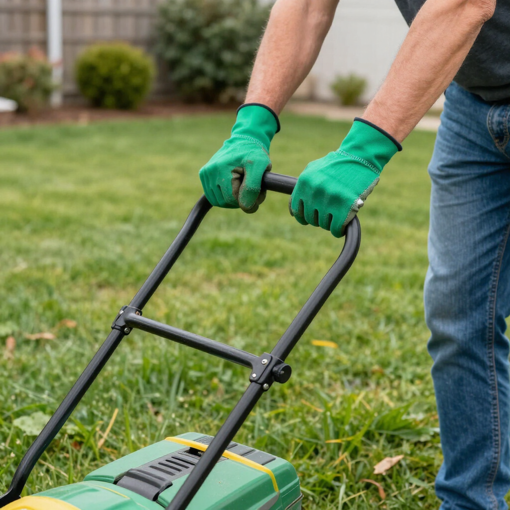 Person in green gloves pushing a green lawn mower across a grassy yard.