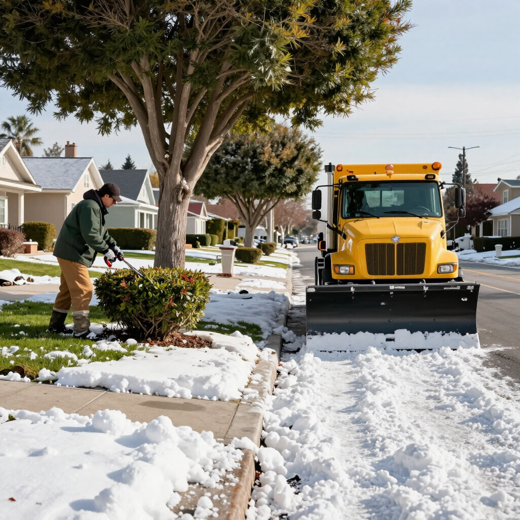 Worker shoveling snow on a suburban sidewalk as a yellow plow clears the street nearby.