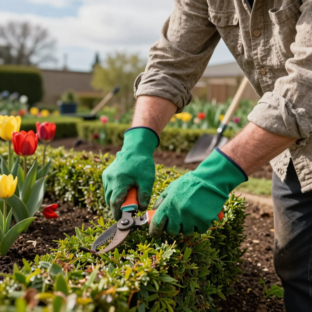 Gardener in green gloves pruning a hedge beside red tulips in a sunny garden