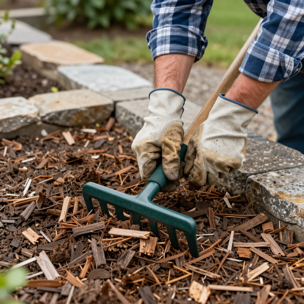 Gloved hands raking brown mulch in a garden bed beside stone edging