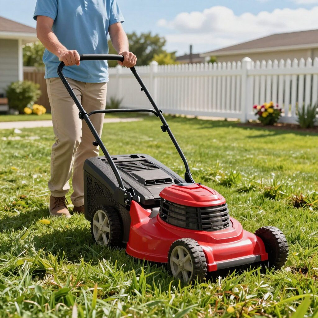 Person mowing a lawn with a red push mower in a sunny suburban yard