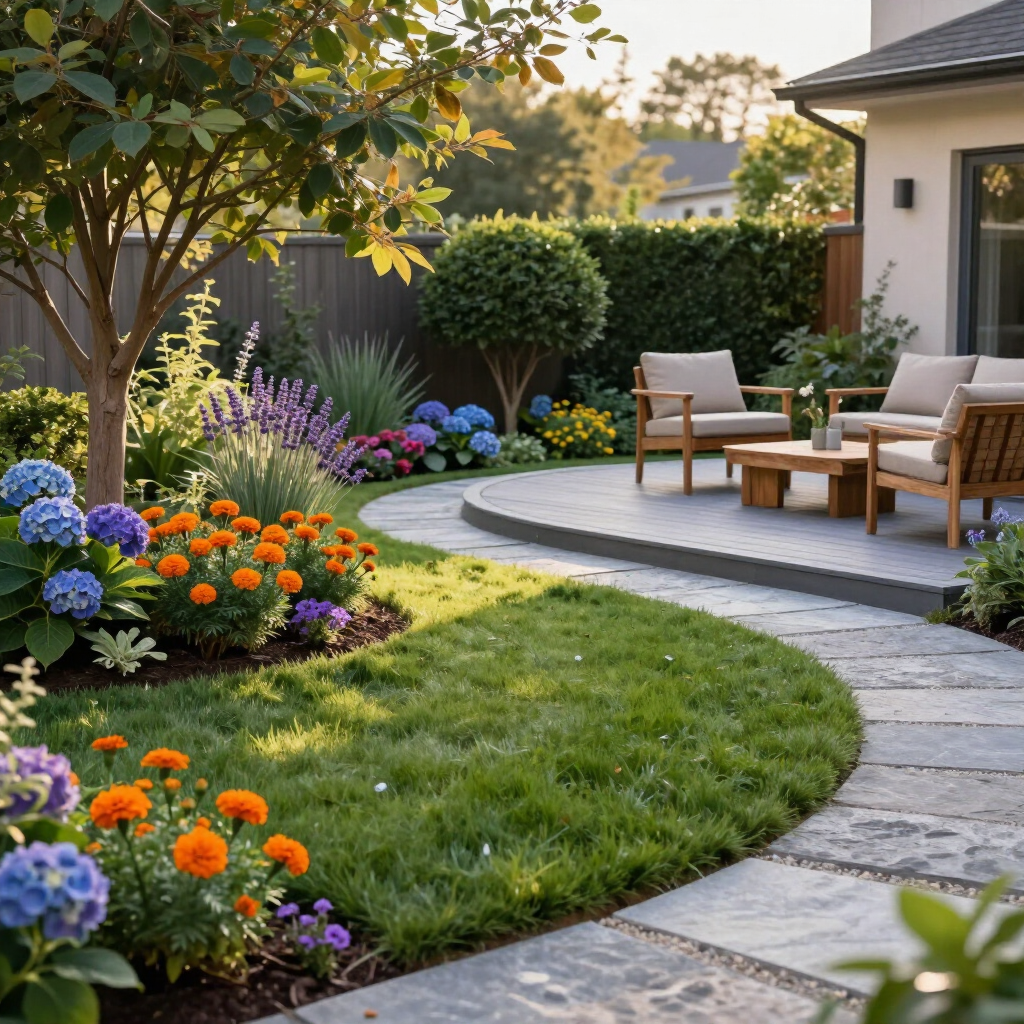 Curved garden path beside a patio with outdoor seating, surrounded by colorful flowers and greenery