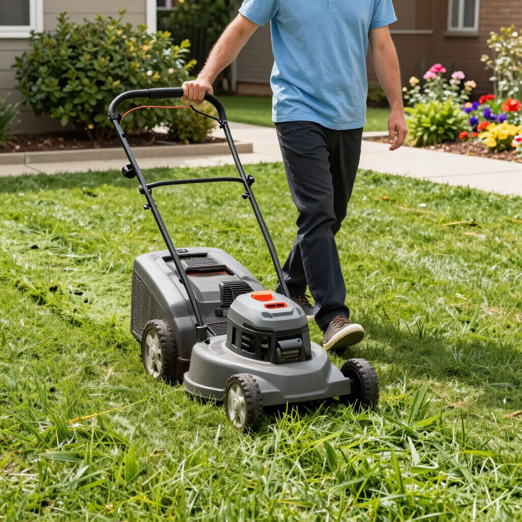 Person pushing a gray lawn mower across a green yard near a house and flower bed