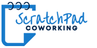 Logo for ScratchPad Coworking featuring a blue notepad icon with spiral binding and the brand name in blue and dark navy.
