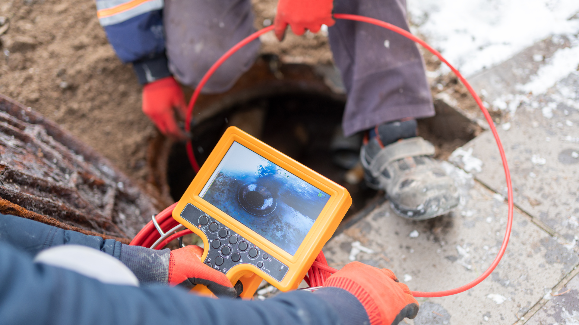 A man is using a camera to look into a manhole.