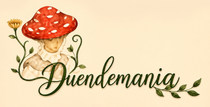 Logotipo con una seta roja y texto en cursiva verde que dice "Duendemania" sobre un fondo beige.