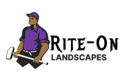 Man in purple shirt and cap holding a mallet, "Rite-On Landscapes" logo.