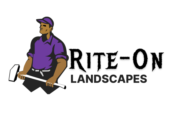 Man in purple shirt and cap holding a mallet, "Rite-On Landscapes" logo.
