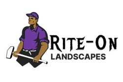 Man in purple shirt and cap holding a mallet, "Rite-On Landscapes" logo.