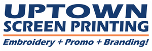 Uptown Screen Printing logo in blue and black with “Embroidery + Promo + Branding” tagline