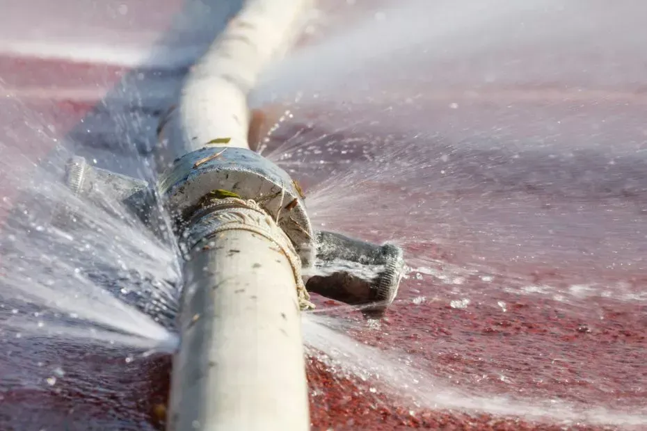 Leaking white hose connected to a fixture; water spraying onto a red surface.