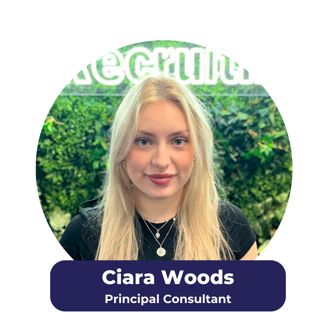 Ciara Woods, Principal Consultant, in a circular frame with green background.