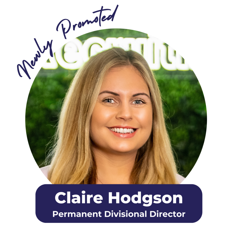 Claire Hodgson, newly promoted Permanent Divisional Director. Blonde woman smiling, set in a green background, logo above.