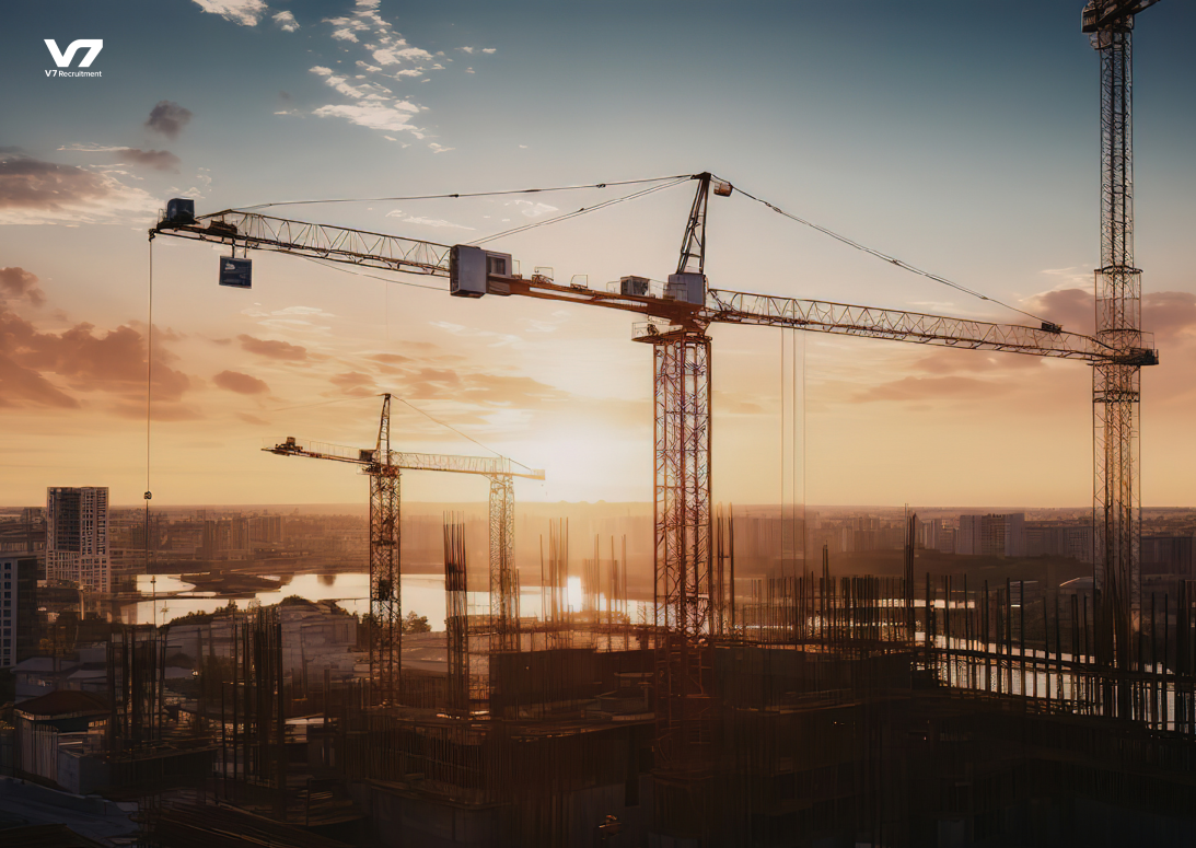 Construction site at sunset with tall cranes and a partially built structure silhouetted against a warm sky