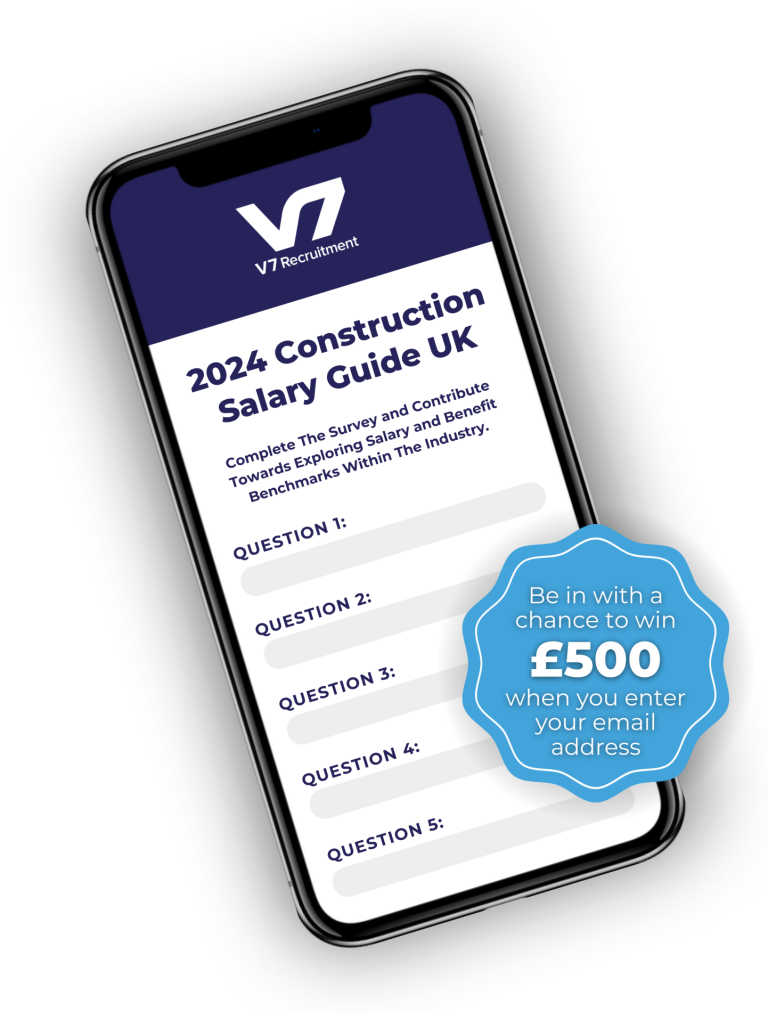 Smartphone displaying a 2024 Construction Salary Guide UK with a chance to win £500 when entering email.