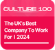 Pink and blue circular badge: Recruiter Awards 2024. Text:
