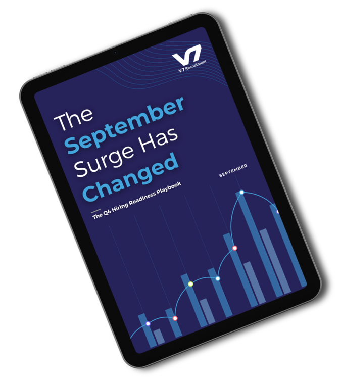 Tablet displaying a blue financial report cover titled “The September Surge has Changed” with chart graphics
