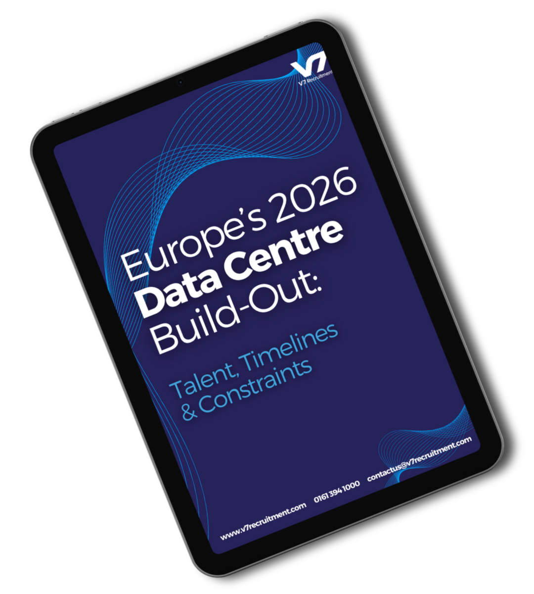 Tilted navy event poster reading “Europe’s 2026 Data Centre Build-Out: Talent, Timelines & Constraints”